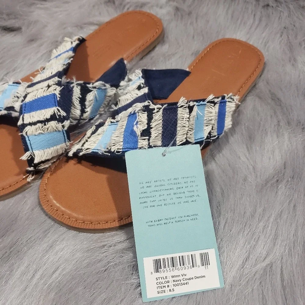 Toms Viv Navy‎ coupe denim slide blue fray crisscross straps slip on sandals NIB